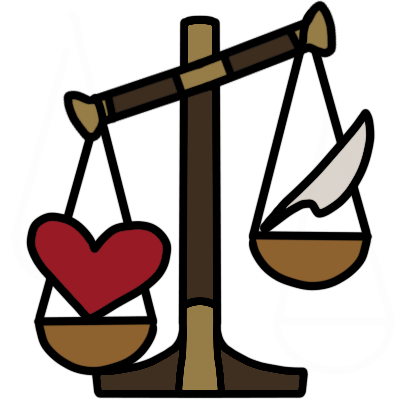 Scales of Ma'at with a heart weighed as heavier than a feather.